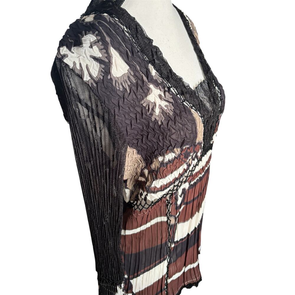 Alberto Makali Sheer Blouse Large Y2K Boho Crinkle Abstract Lace Stretchy Career - Picture 5 of 10